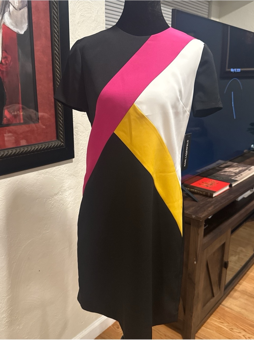 Karl Lagerfeld Colorblock Short Sleeve Shift Dress in Black, Pink, White, Yellow